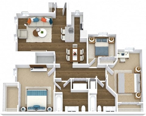 Floor plan for 3 beds, 2 baths, 1293 sqft